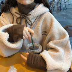 Korean Loose Lamb Fleece Letter Print Pullover Hoodie