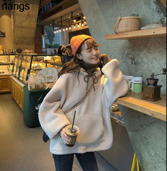 Korean Loose Lamb Fleece Letter Print Pullover Hoodie
